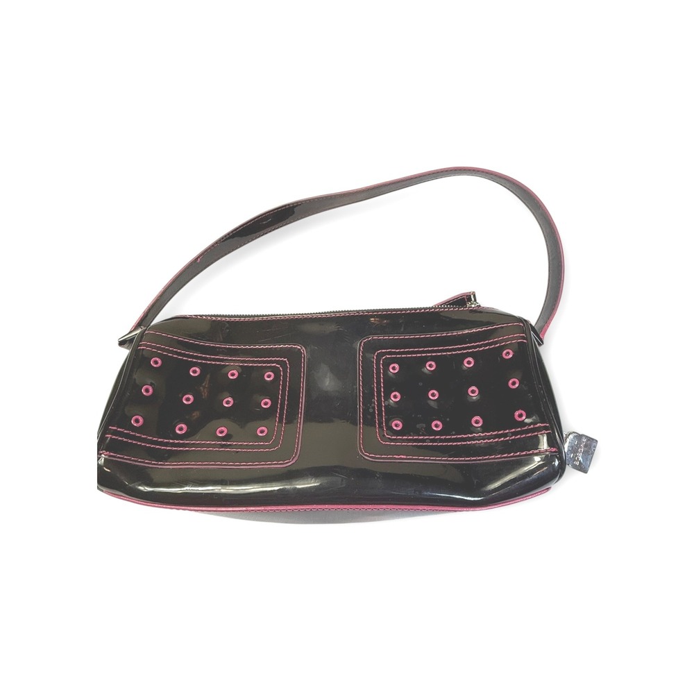 BCBGirls Black Patent Leather Shoulder Bag Pink Stitching Studded Detail Y2K
